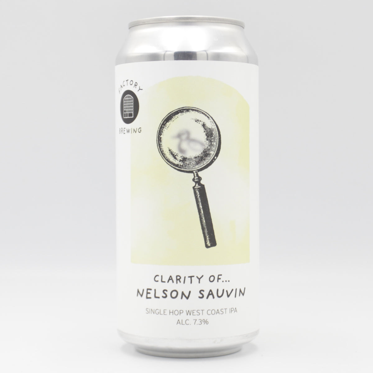 This is a can of Factory Brewing - Clarity Of Nelson Sauvin - 7.3% (440ml). It is a IPA craft beer available to buy from Ghost Whale, voted London's best craft beer shop.