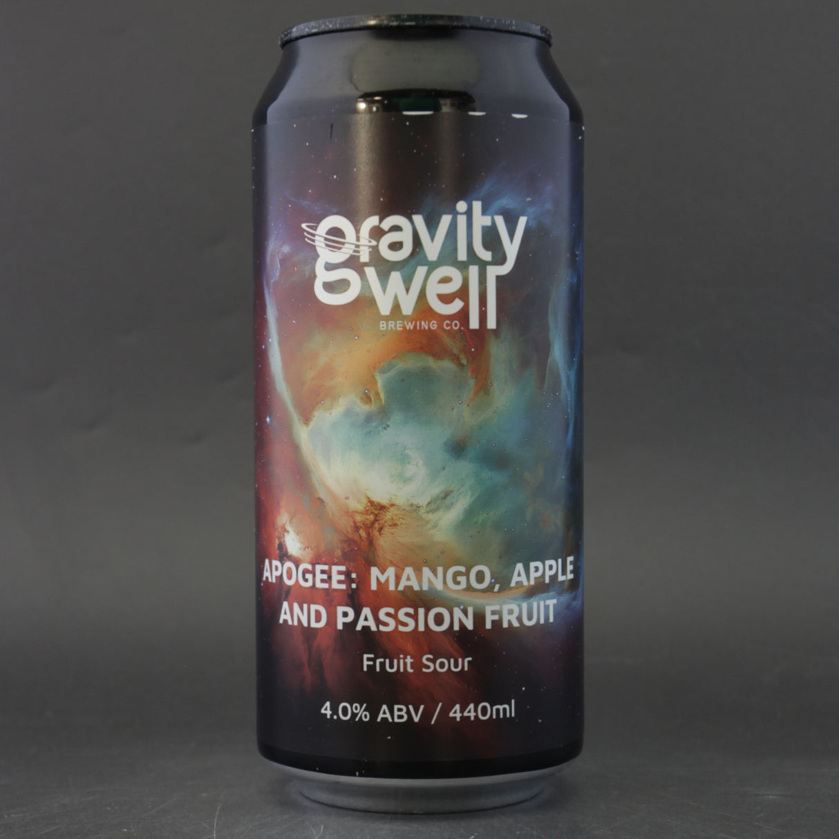 This is a can of Gravity Well - Apogee: Mango, Apple & Passion Fruit - 4% (440ml). It is a Sour craft beer available to buy from Ghost Whale, voted London's best craft beer shop.