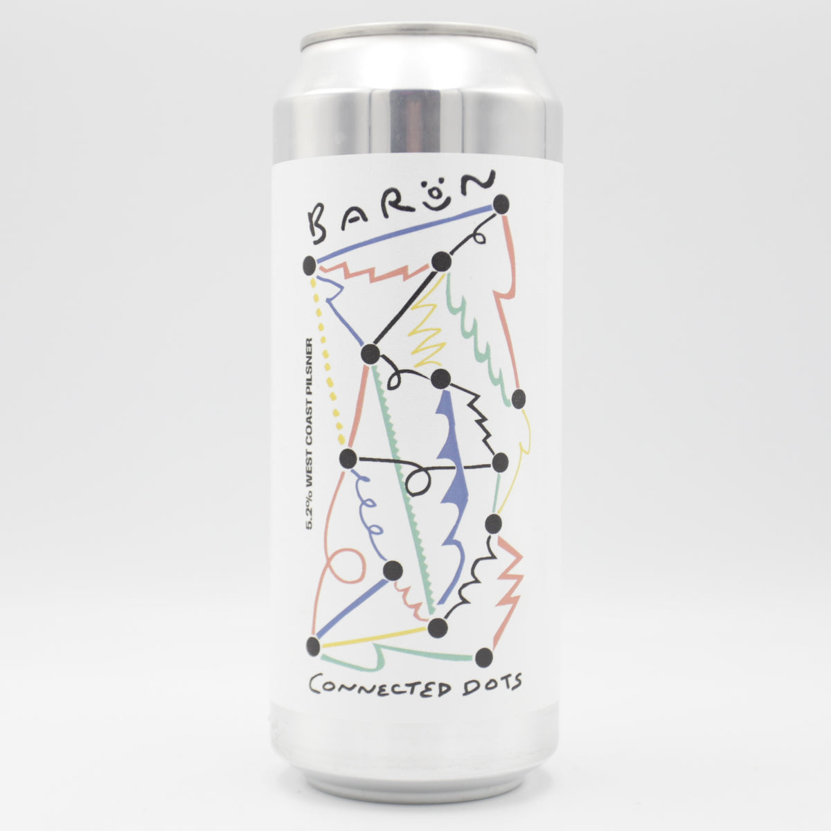 This is a can of Baron - Connnected Dots - 5.2% (500ml). It is a Lager / Pilsner / Kölsch craft beer available to buy from Ghost Whale, voted London's best craft beer shop.