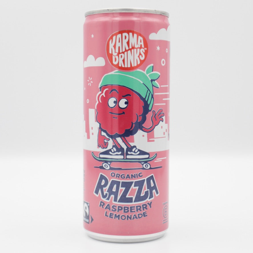This is a can of Karma - Karma Razza Raspberry Lemonade - 0% (250ml). It is a craft soft drink available to buy from Ghost Whale, voted London's best craft beer shop.