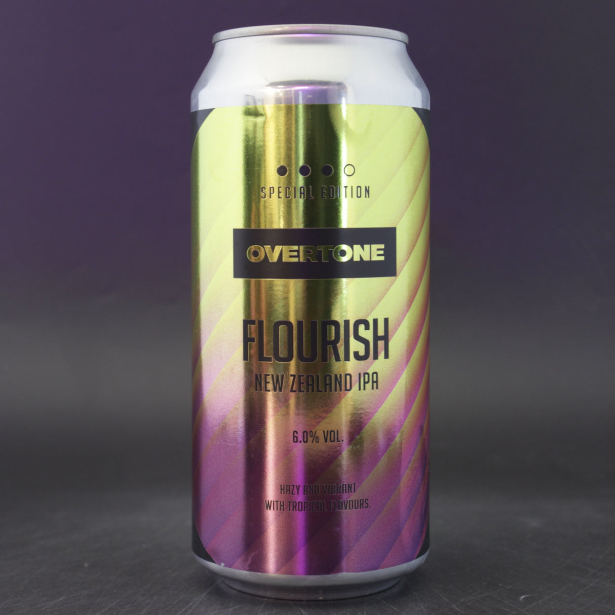 This is a can of Overtone - Flourish - 6% (440ml). It is a IPA craft beer available to buy from Ghost Whale, voted London's best craft beer shop.