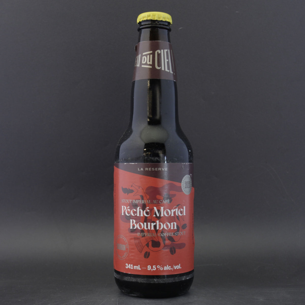 This is a bottle of Dieu Du Ciel - Peche Mortel Bourbon - 9.5% (341ml). It is a Imperial Stout / Porter craft beer available to buy from Ghost Whale, voted London's best craft beer shop.