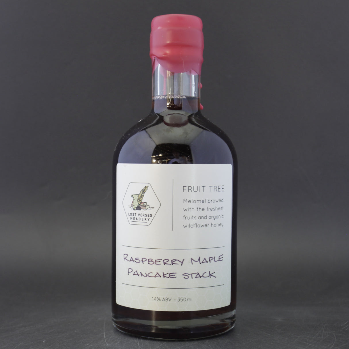 This is a bottle of Lost Verses Meadery - Fruit Tree: Raspberry Maple Pancake Stack - 14% (350ml). It is a craft mead available to buy from Ghost Whale, voted London's best craft beer shop.