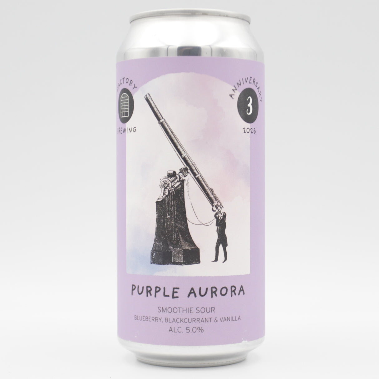 This is a can of Factory Brewing / Elmeleven - Purple Aurora - 5% (440ml). It is a Sour craft beer available to buy from Ghost Whale, voted London's best craft beer shop.
