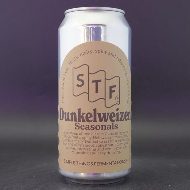 This is a can of Simple Things Fermentations - Dunkelweizen - 5.5% (440ml). It is a Wit / Wheat craft beer available to buy from Ghost Whale, voted London's best craft beer shop.