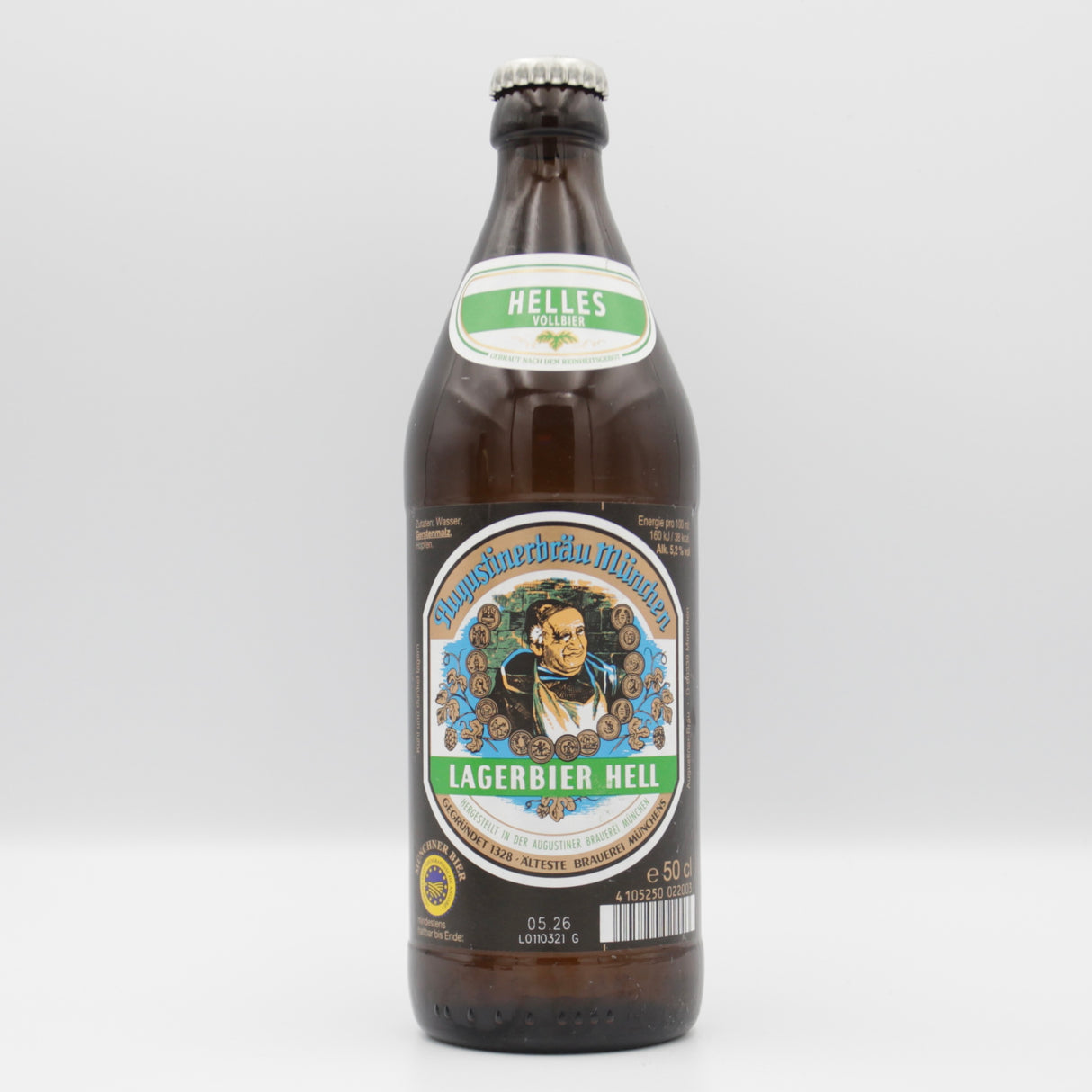 This is a bottle of Augustiner - Lagerbier Hell - 5.2% (500ml). It is a Lager / Pilsner / Kölsch craft beer available to buy from Ghost Whale, voted London's best craft beer shop.