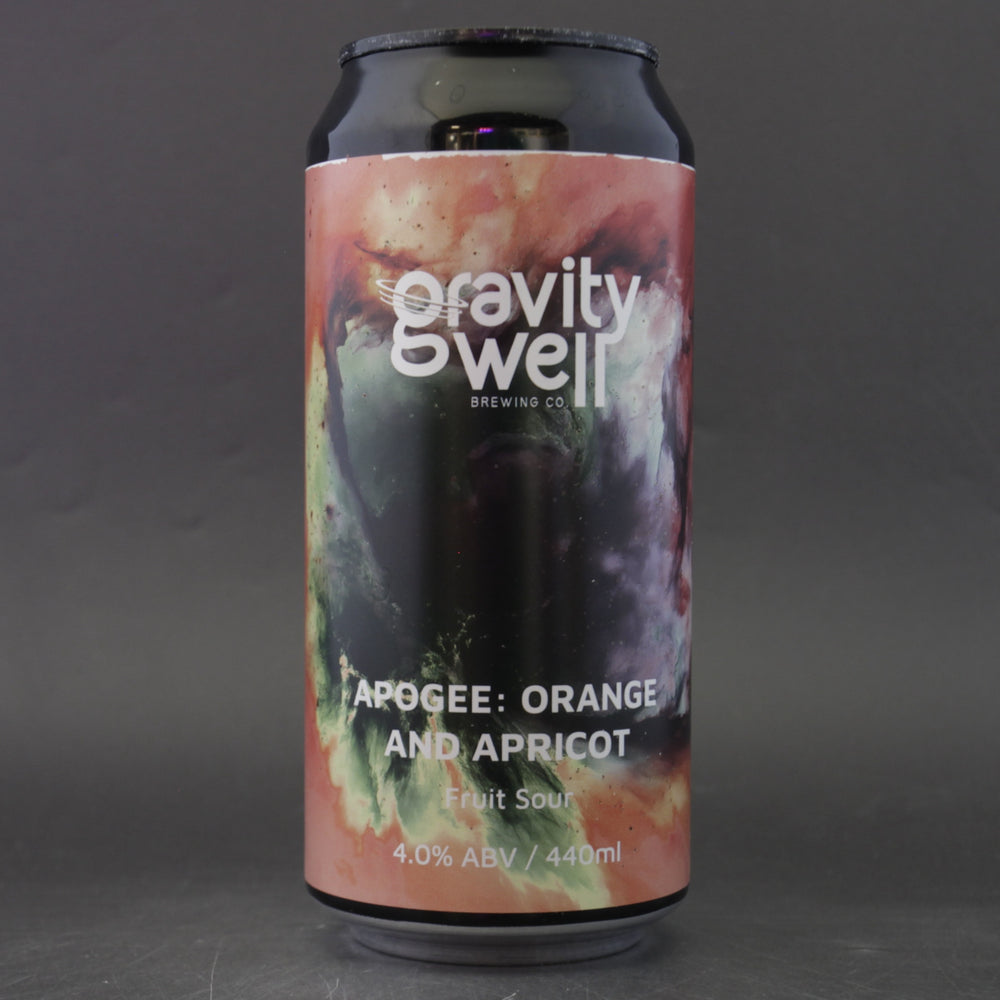 This is a can of Gravity Well - Apogee: Orange & Apricot - 4% (440ml). It is a Sour craft beer available to buy from Ghost Whale, voted London's best craft beer shop.