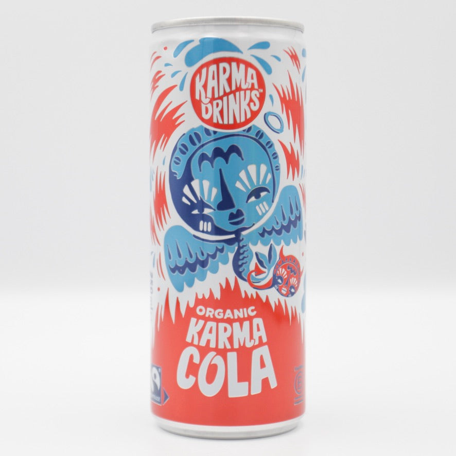 This is a can of Karma - Karma Cola - 0% (250ml). It is a craft soft drink available to buy from Ghost Whale, voted London's best craft beer shop.
