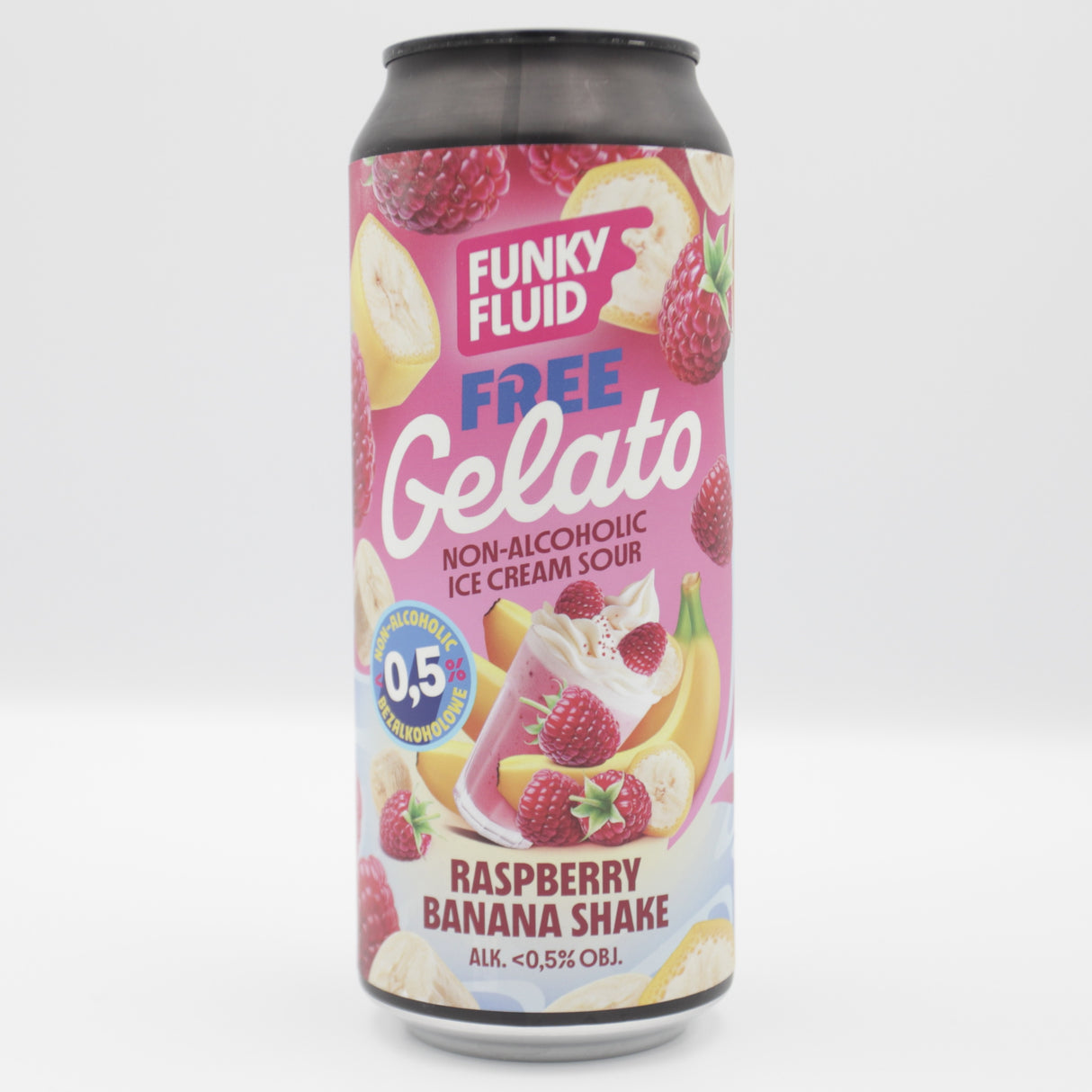 This is a can of Funky Fluid - Free Gelato: Raspberry & Banana Shake - 0.5% (500ml). It is a Sour craft beer available to buy from Ghost Whale, voted London's best craft beer shop.