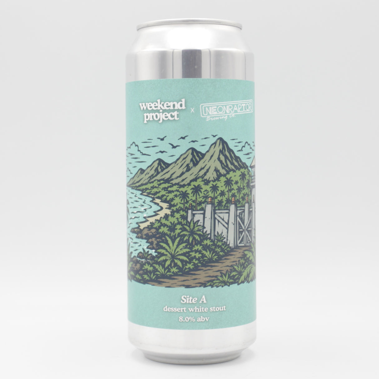 This is a can of Weekend Project / Neon Raptor - Site A - 8% (500ml). It is a Imperial Stout / Porter craft beer available to buy from Ghost Whale, voted London's best craft beer shop.