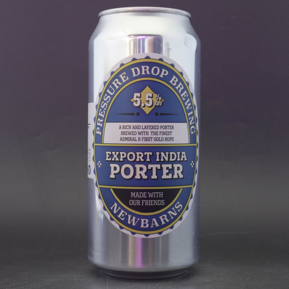 This is a can of Pressure Drop / Newbarns - Export India Porter - 5.5% (440ml). It is a Stout / Porter craft beer available to buy from Ghost Whale, voted London's best craft beer shop.