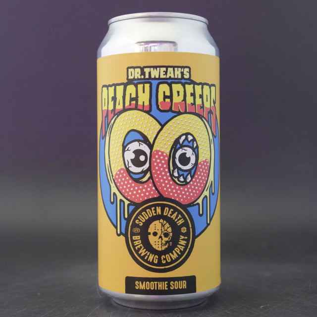 This is a can of Sudden Death - Dr. Tweak's Peach Creeps - 6.5% (440ml). It is a Sour craft beer available to buy from Ghost Whale, voted London's best craft beer shop.