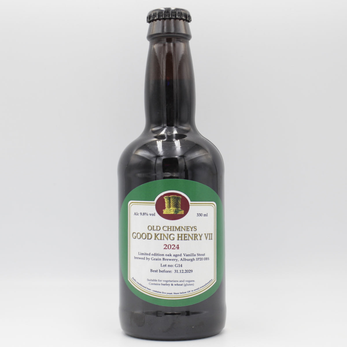 This is a bottle of Old Chimneys - Good King Henry VII - 9.2% (330ml). It is a Imperial Stout / Porter craft beer available to buy from Ghost Whale, voted London's best craft beer shop.
