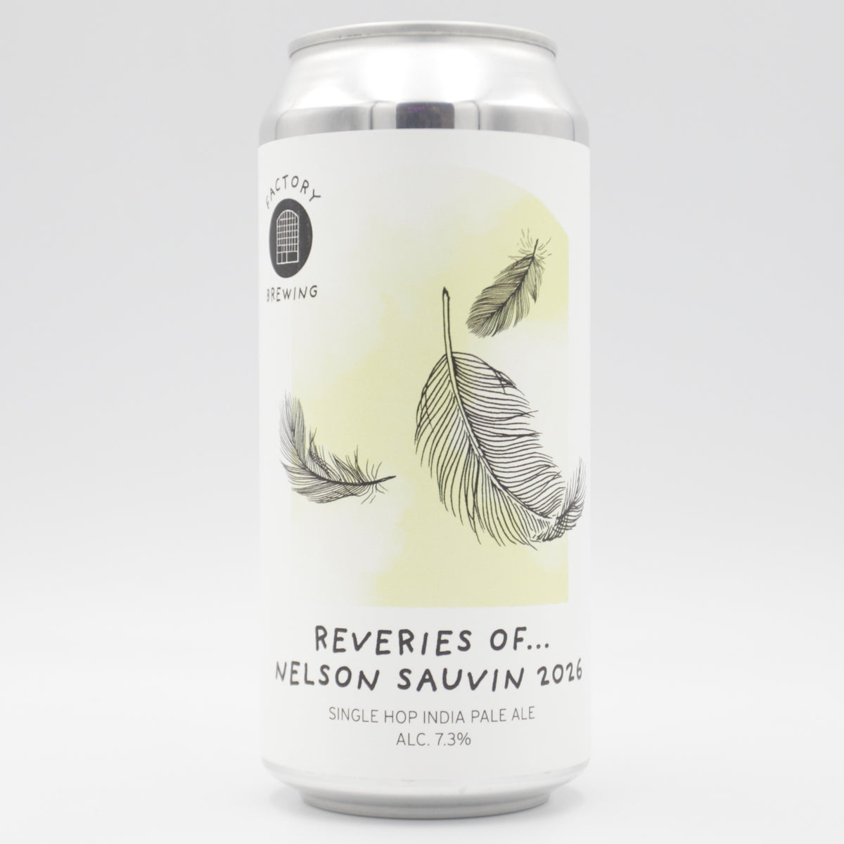 This is a can of Factory Brewing - Reveries Of... Nelson Sauvin (2026) - 7.3% (440ml). It is a IPA craft beer available to buy from Ghost Whale, voted London's best craft beer shop.