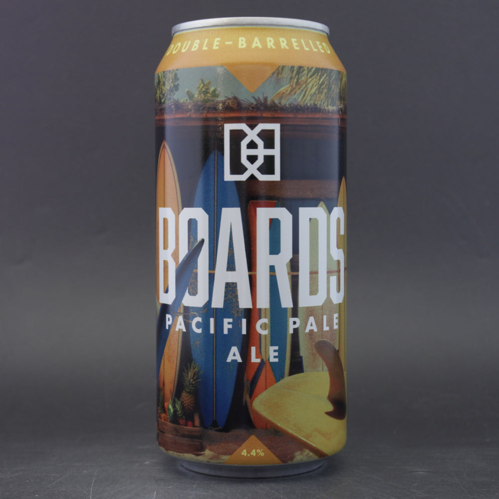 This is a can of Double Barrelled - Boards - 4.4% (440ml). It is a Pale Ale craft beer available to buy from Ghost Whale, voted London's best craft beer shop.