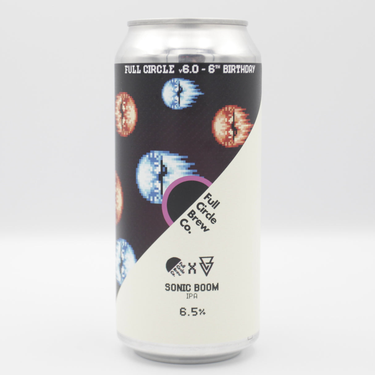 This is a can of Full Circle Brew Co / Azvex - Sonic Boom - 6.5% (440ml). It is a IPA craft beer available to buy from Ghost Whale, voted London's best craft beer shop.