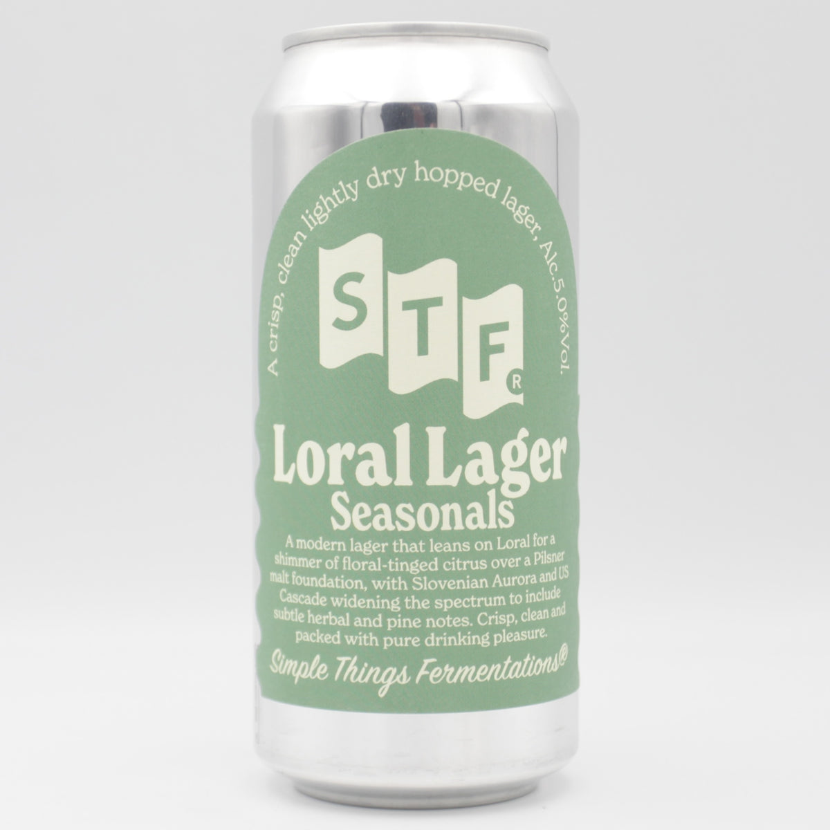 This is a can of Simple Things Fermentations - Loral Lager - 5% (440ml). It is a Lager / Pilsner / Kölsch craft beer available to buy from Ghost Whale, voted London's best craft beer shop.