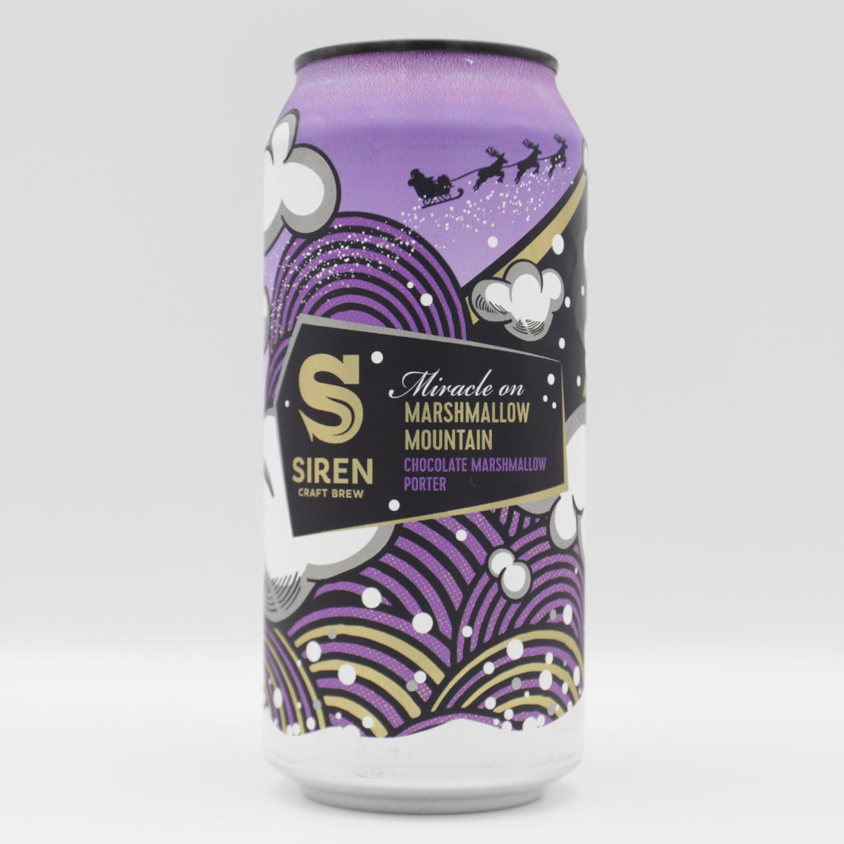 This is a can of Siren - Miracle On Marshmallow Mountain - 5.1% (440ml). It is a Stout / Porter craft beer available to buy from Ghost Whale, voted London's best craft beer shop.