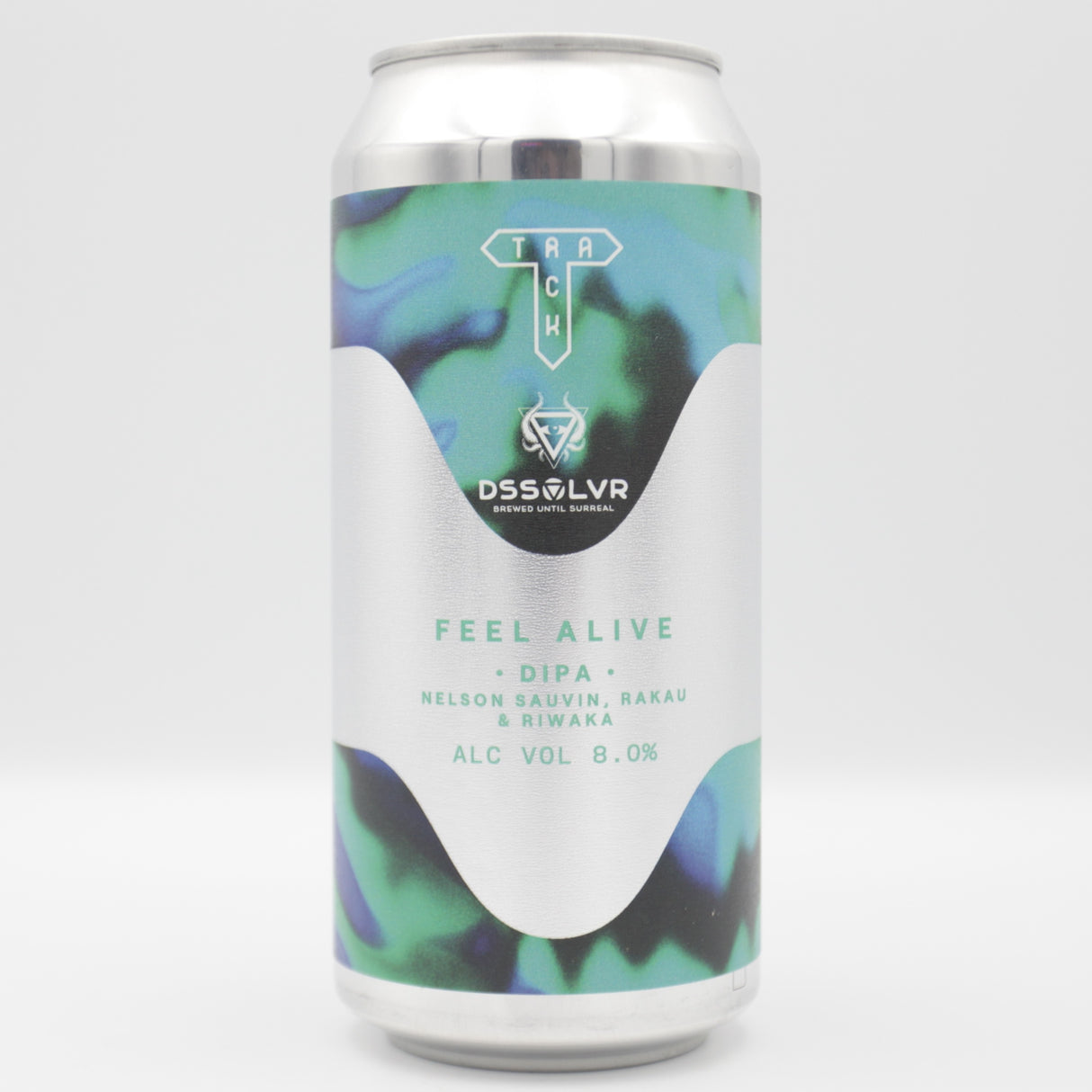 This is a can of Track / DSSOLVR - Feel Alive - 8% (440ml). It is a Double IPA craft beer available to buy from Ghost Whale, voted London's best craft beer shop.