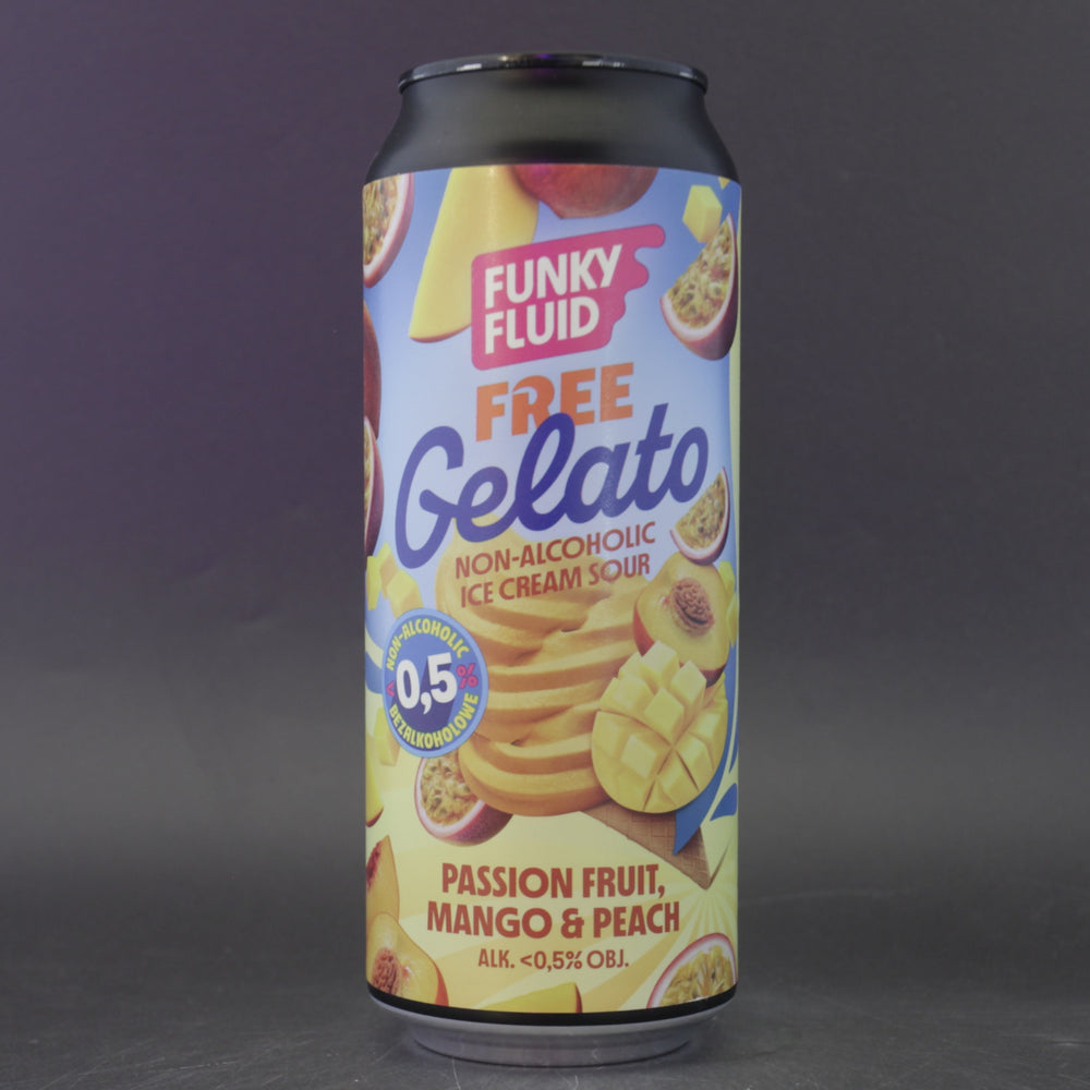 This is a can of Funky Fluid - Free Gelato: Passionfruit, Mango & Peach - 0.5% (500ml). It is a Sour craft beer available to buy from Ghost Whale, voted London's best craft beer shop.