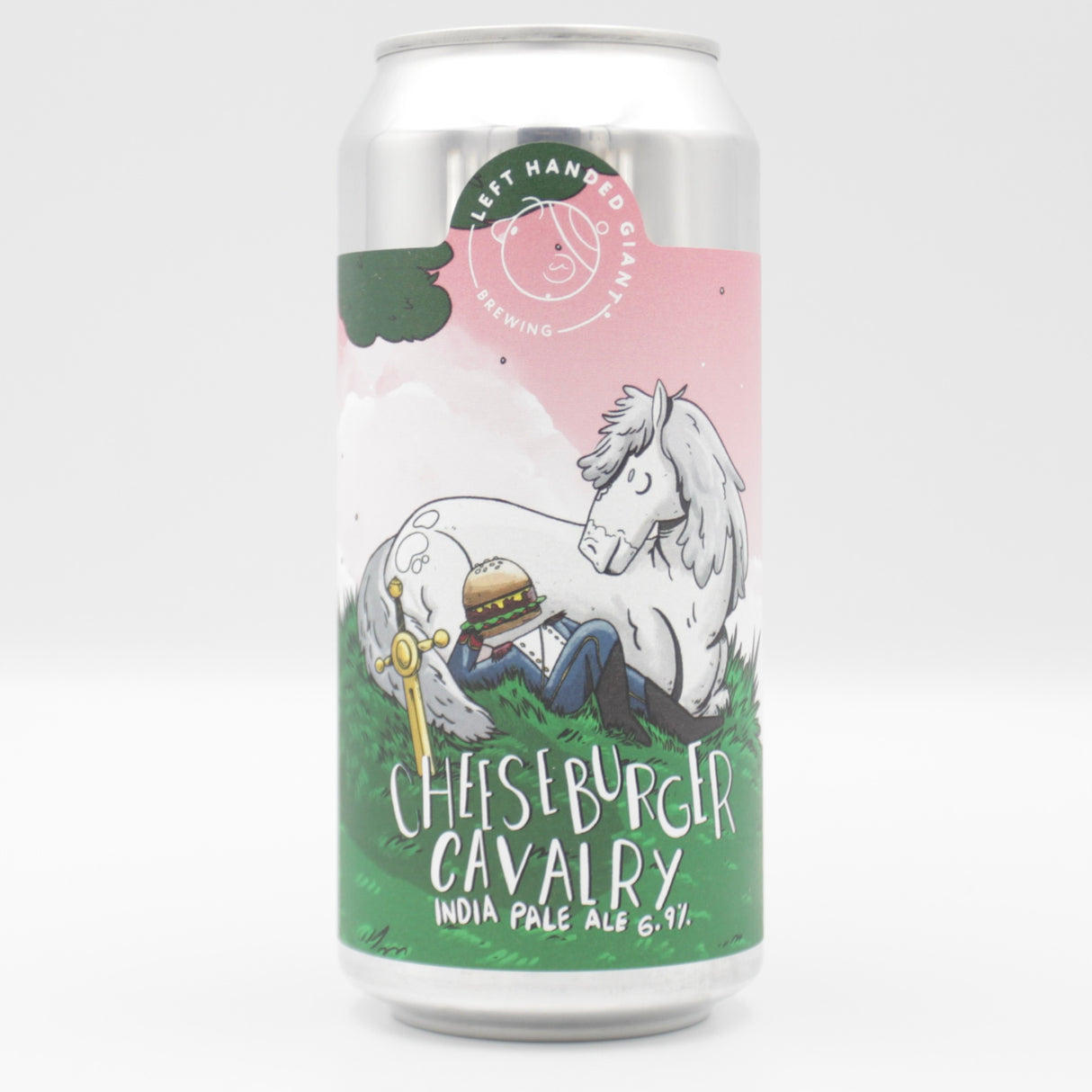 This is a can of Left Handed Giant - Cheeseburger Cavalry - 6.9% (440ml). It is a IPA craft beer available to buy from Ghost Whale, voted London's best craft beer shop.