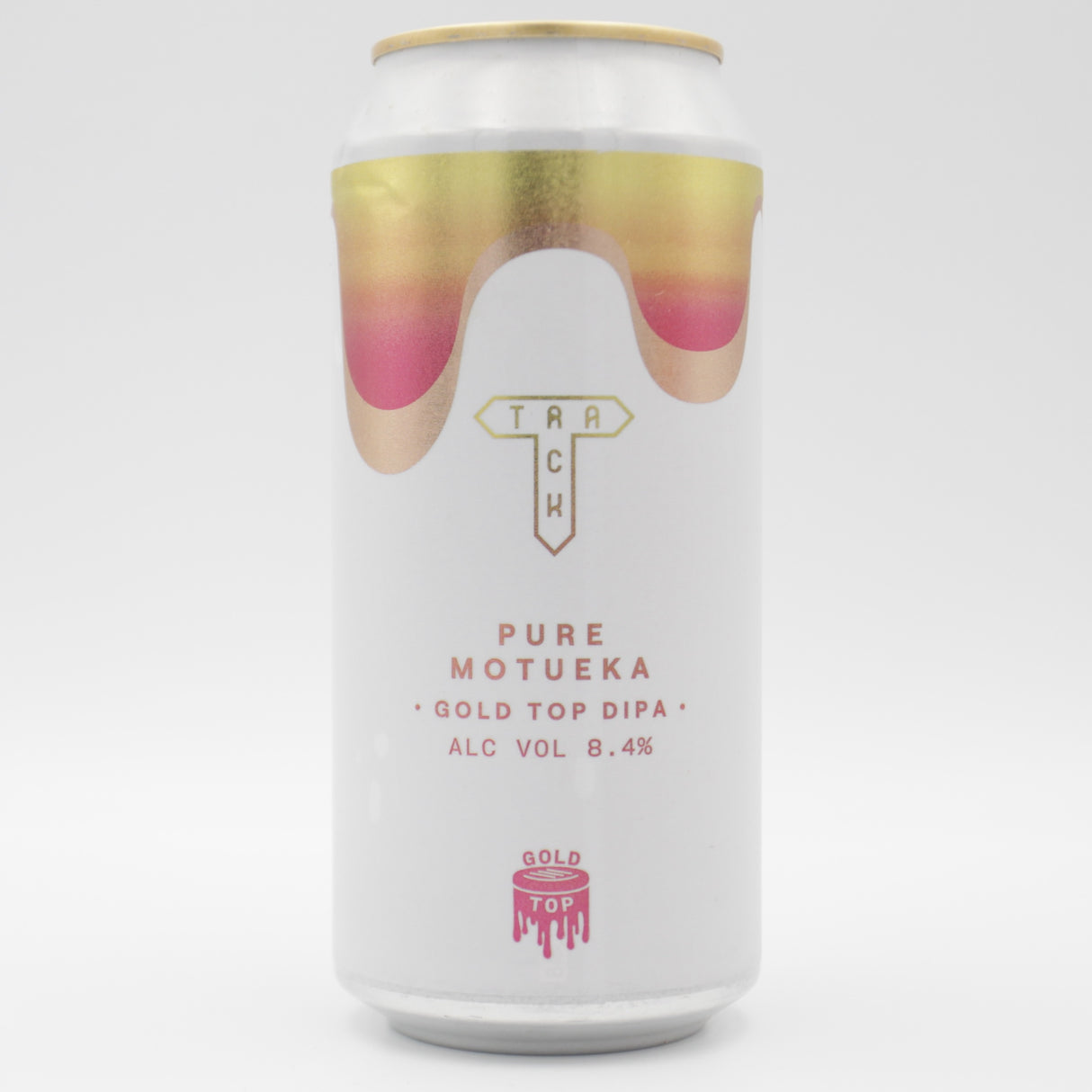 This is a can of Track - Gold Top: Pure Motueka - 8.4% (440ml). It is a Double IPA craft beer available to buy from Ghost Whale, voted London's best craft beer shop.
