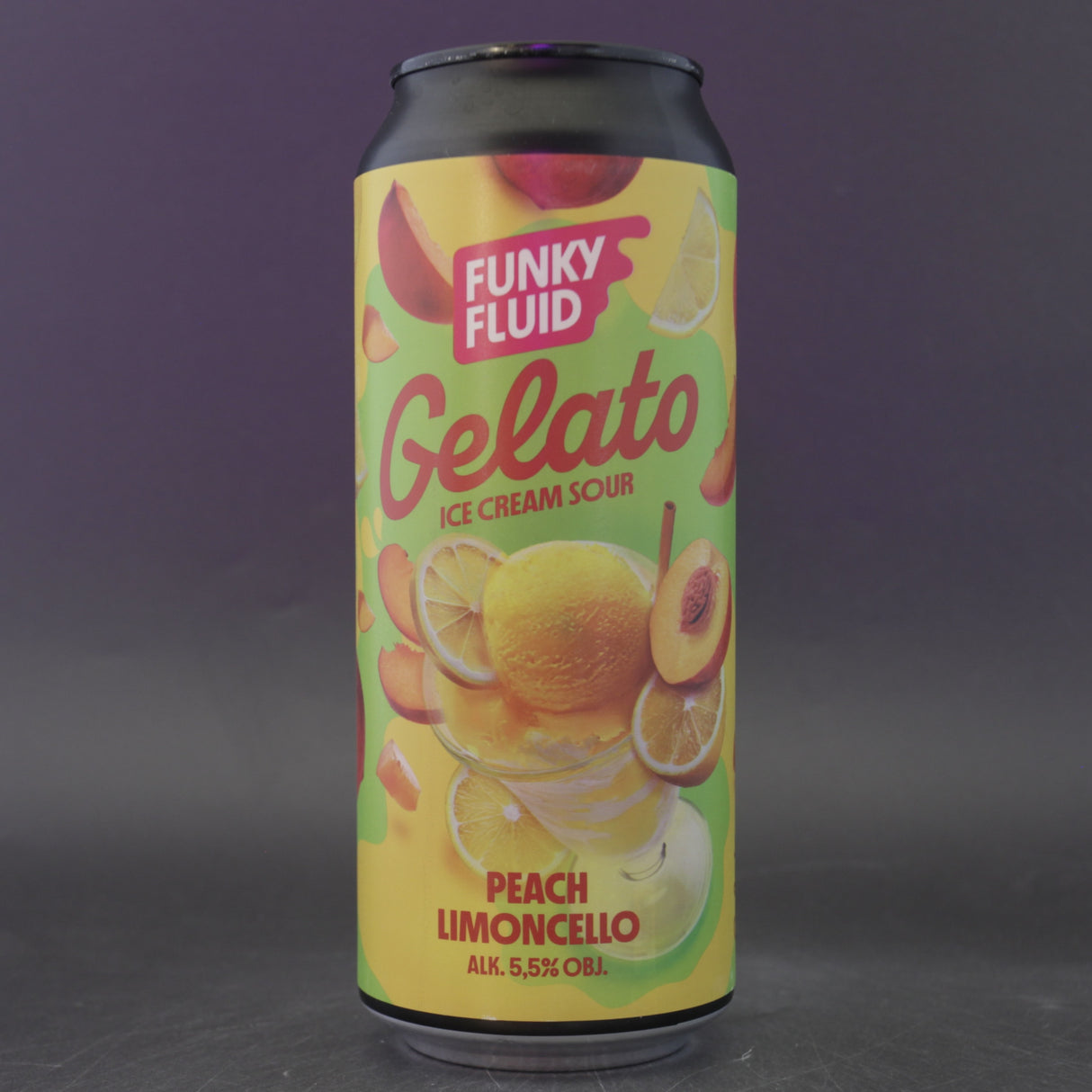 This is a can of Funky Fluid - Gelato: Peach Limoncello - 5.5% (500ml). It is a Sour craft beer available to buy from Ghost Whale, voted London's best craft beer shop.