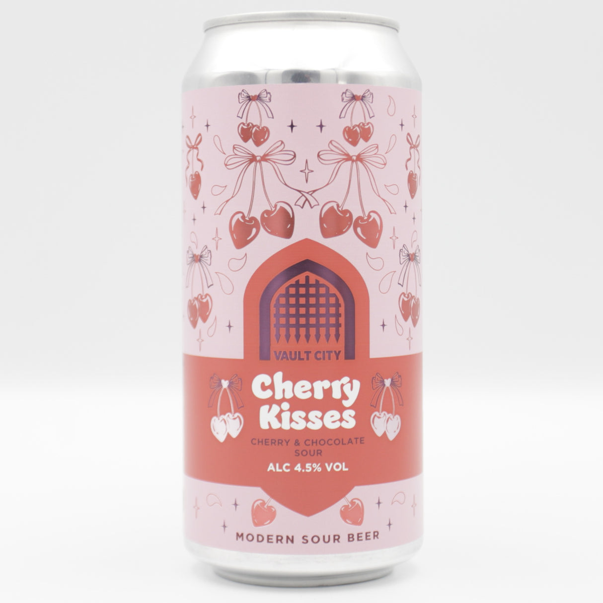 This is a can of Vault City - Cherry Kisses - 4.5% (440ml). It is a Sour craft beer available to buy from Ghost Whale, voted London's best craft beer shop.