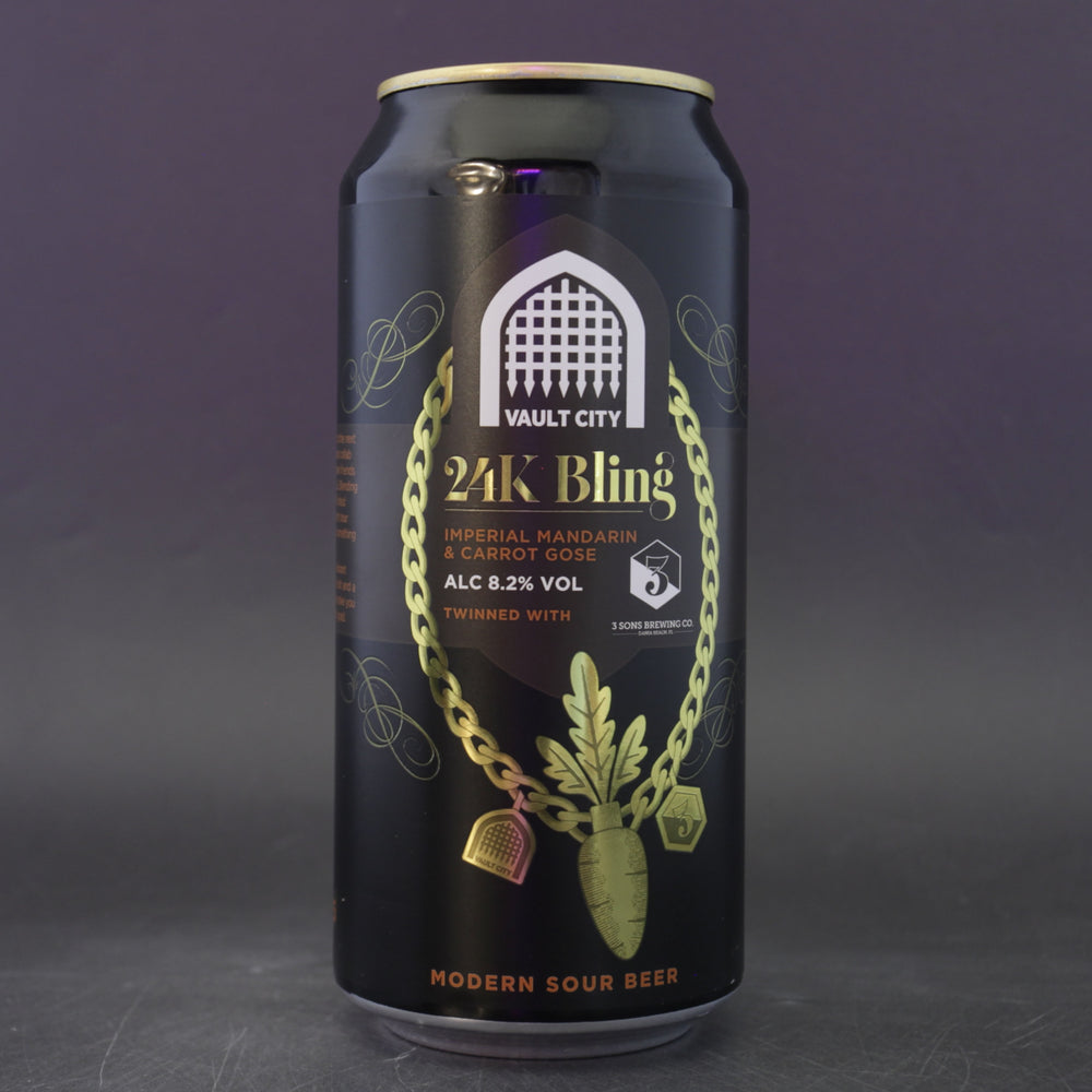 This is a can of Vault City / 3 Sons - 24k Bling - 8.2% (440ml). It is a Sour craft beer available to buy from Ghost Whale, voted London's best craft beer shop.