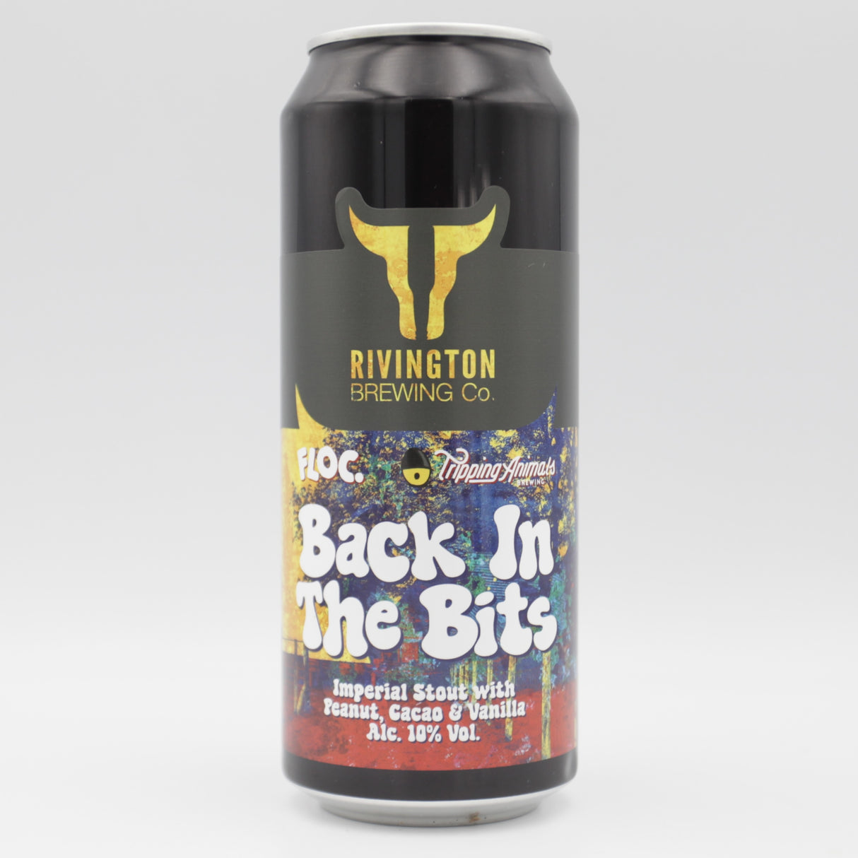 This is a can of Rivington / Floc / Tripping Animals - Back In The Bits - 10% (500ml). It is a Imperial Stout / Porter craft beer available to buy from Ghost Whale, voted London's best craft beer shop.