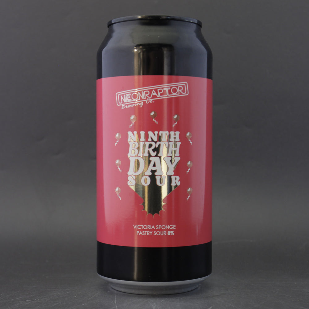This is a can of Neon Raptor - Ninth Birthday Sour - 8% (440ml). It is a Sour craft beer available to buy from Ghost Whale, voted London's best craft beer shop.