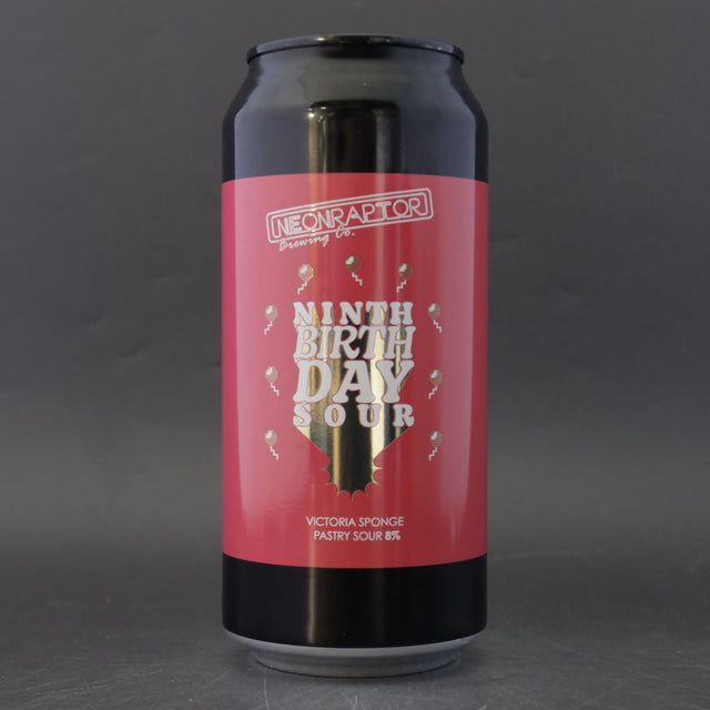 This is a can of Neon Raptor - Ninth Birthday Sour - 8% (440ml). It is a Sour craft beer available to buy from Ghost Whale, voted London's best craft beer shop.