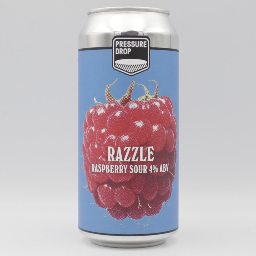 This is a can of Pressure Drop - Razzle - 4% (440ml). It is a Sour craft beer available to buy from Ghost Whale, voted London's best craft beer shop.