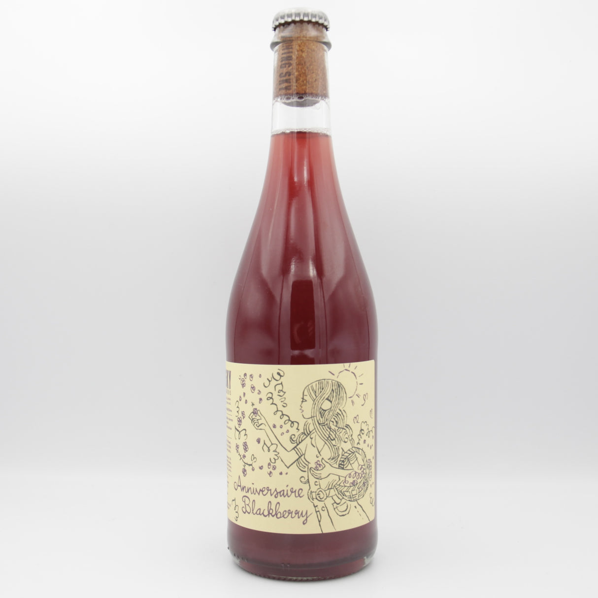 This is a sharing bottle of Burning Sky - Anniversaire Blackberry - 6.3% (750ml). It is a Wit / Wheat craft beer available to buy from Ghost Whale, voted London's best craft beer shop.
