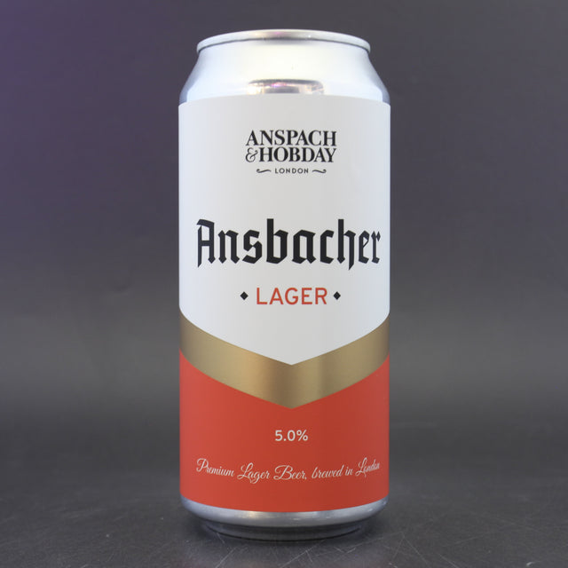 This is a can of Anspach & Hobday - Ansbacher Lager - 5% (440ml). It is a Lager / Pilsner / Kölsch craft beer available to buy from Ghost Whale, voted London's best craft beer shop.