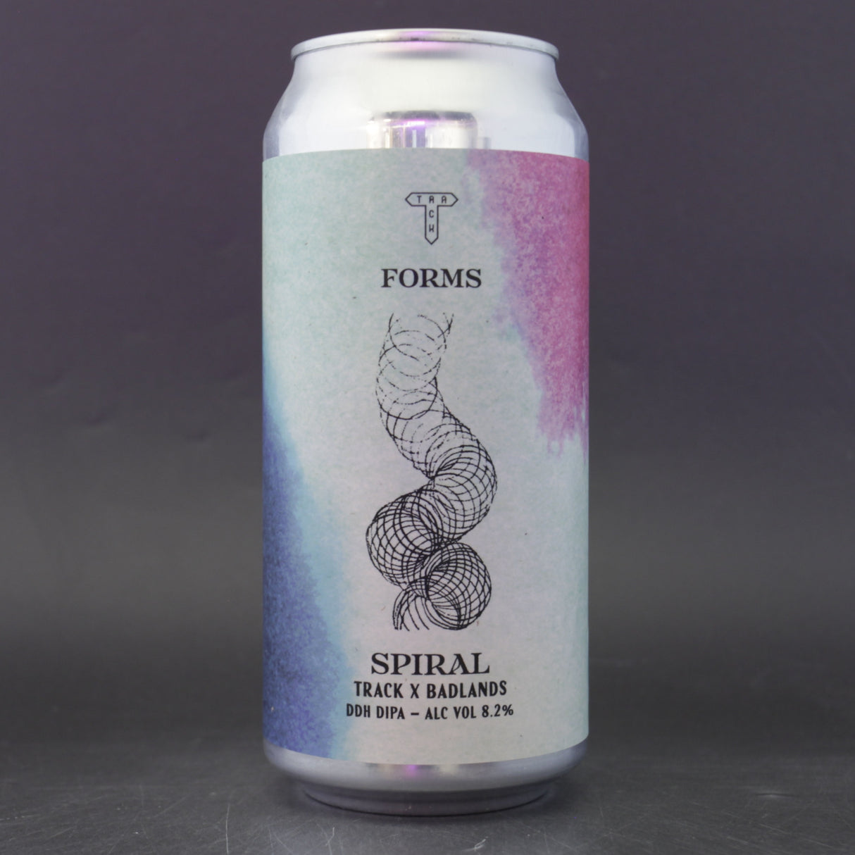 This is a can of Track / Badlands - Spiral - 8.2% (440ml). It is a Double IPA craft beer available to buy from Ghost Whale, voted London's best craft beer shop.