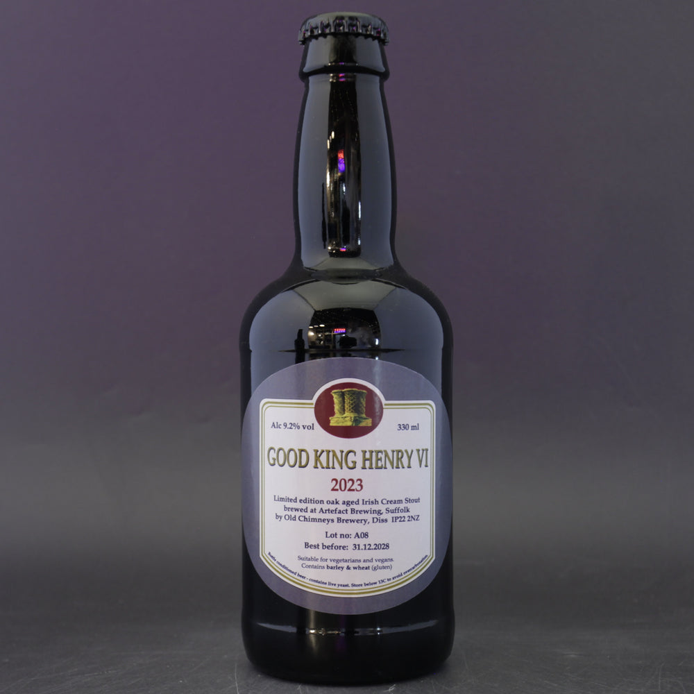 This is a bottle of Old Chimneys - Good King Henry VI - 9.8% (330ml). It is a Imperial Stout / Porter craft beer available to buy from Ghost Whale, voted London's best craft beer shop.