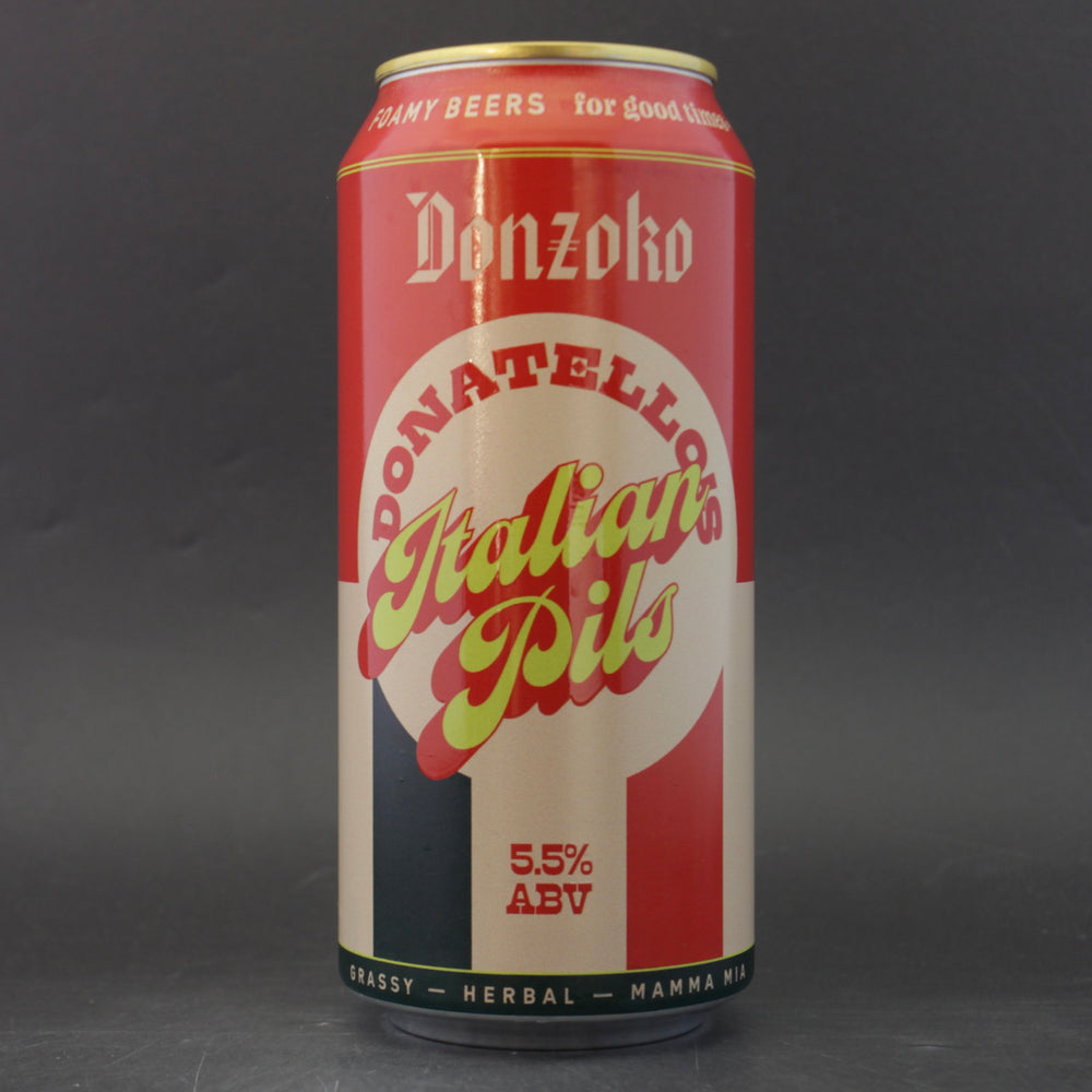 This is a can of Donzoko - Donatello's Italian Pils - 5.5% (440ml). It is a Lager / Pilsner / Kölsch craft beer available to buy from Ghost Whale, voted London's best craft beer shop.