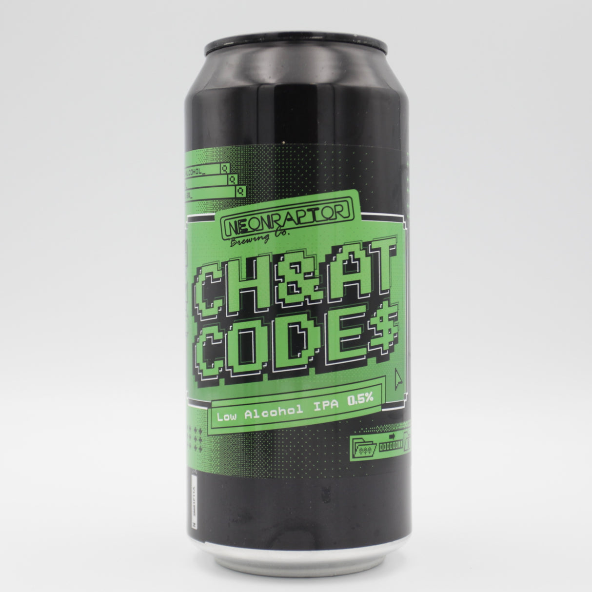 This is a can of Neon Raptor - Cheat Codes - 0.5% (440ml). It is a IPA craft beer available to buy from Ghost Whale, voted London's best craft beer shop.