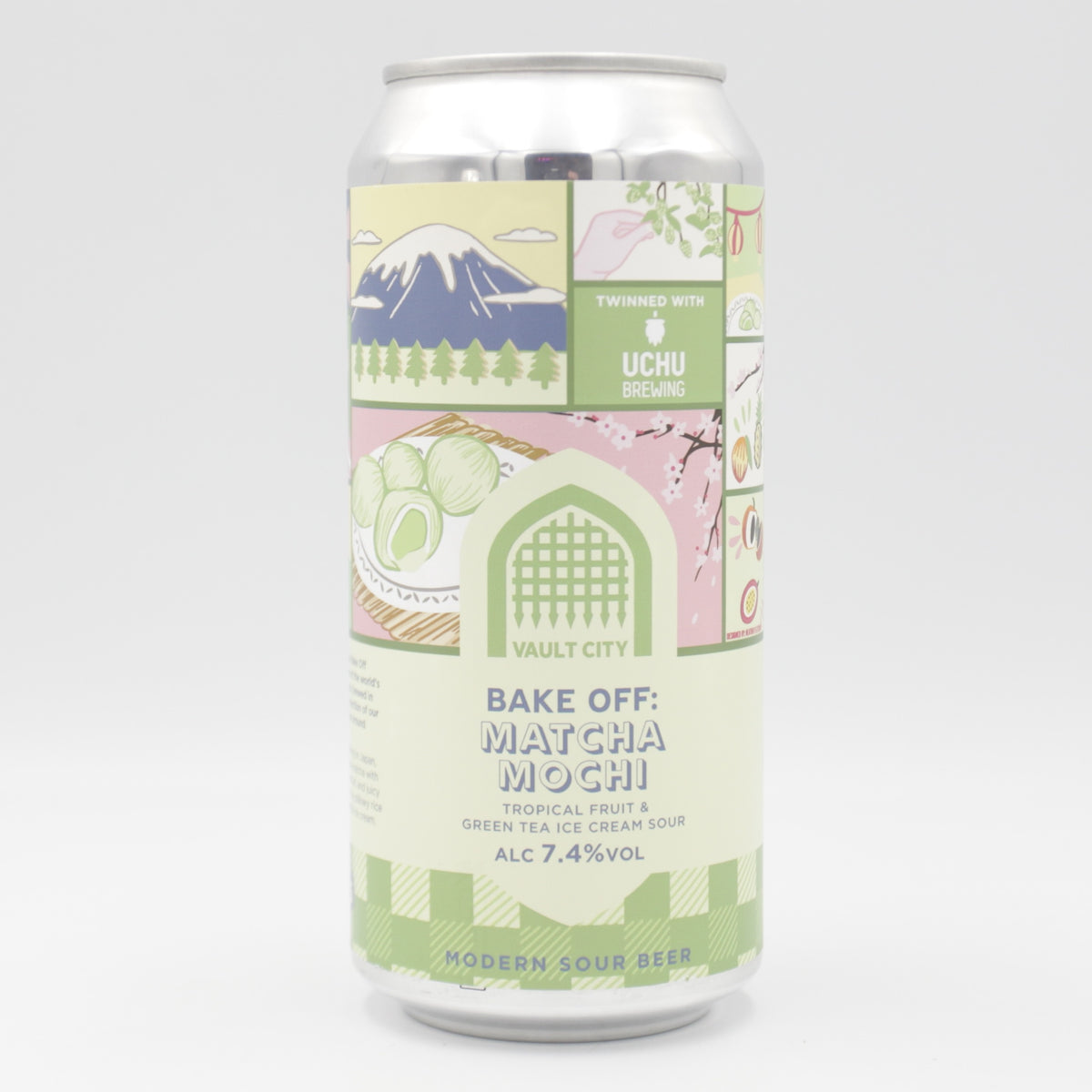 This is a can of Vault City / Uchu - Bake Off: Matcha Mochi - 7.4% (440ml). It is a Sour craft beer available to buy from Ghost Whale, voted London's best craft beer shop.