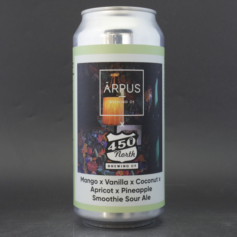 This is a can of Arpus Brewing Co - Mango X Vanilla X Coconut X Apricot X Pineapple Smoothie Sour - 4.5% (440ml). It is a Sour craft beer available to buy from Ghost Whale, voted London's best craft beer shop.