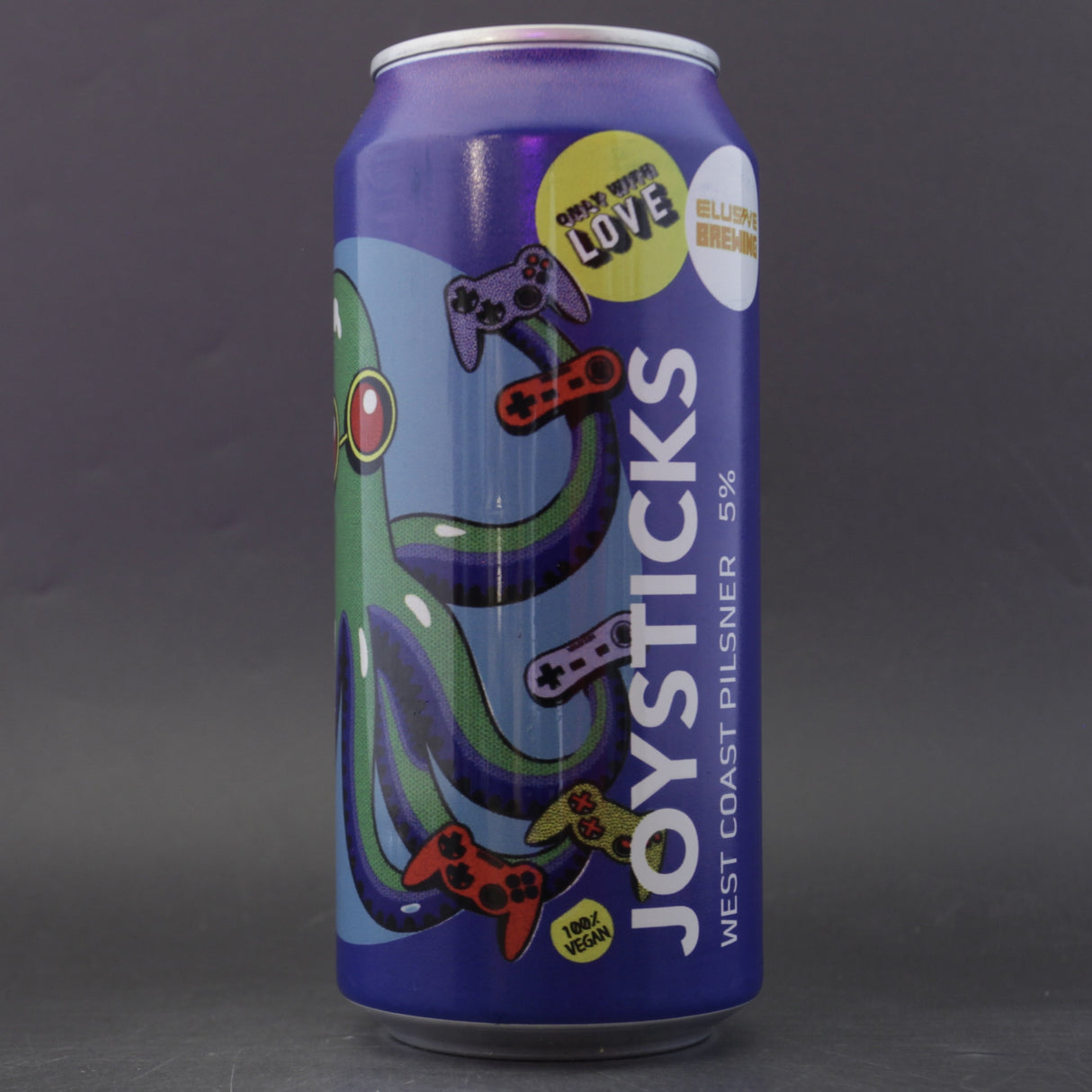 This is a can of Elusive Brewing / Only With Love - Joysticks - 5% (440ml). It is a Lager / Pilsner / Kölsch craft beer available to buy from Ghost Whale, voted London's best craft beer shop.