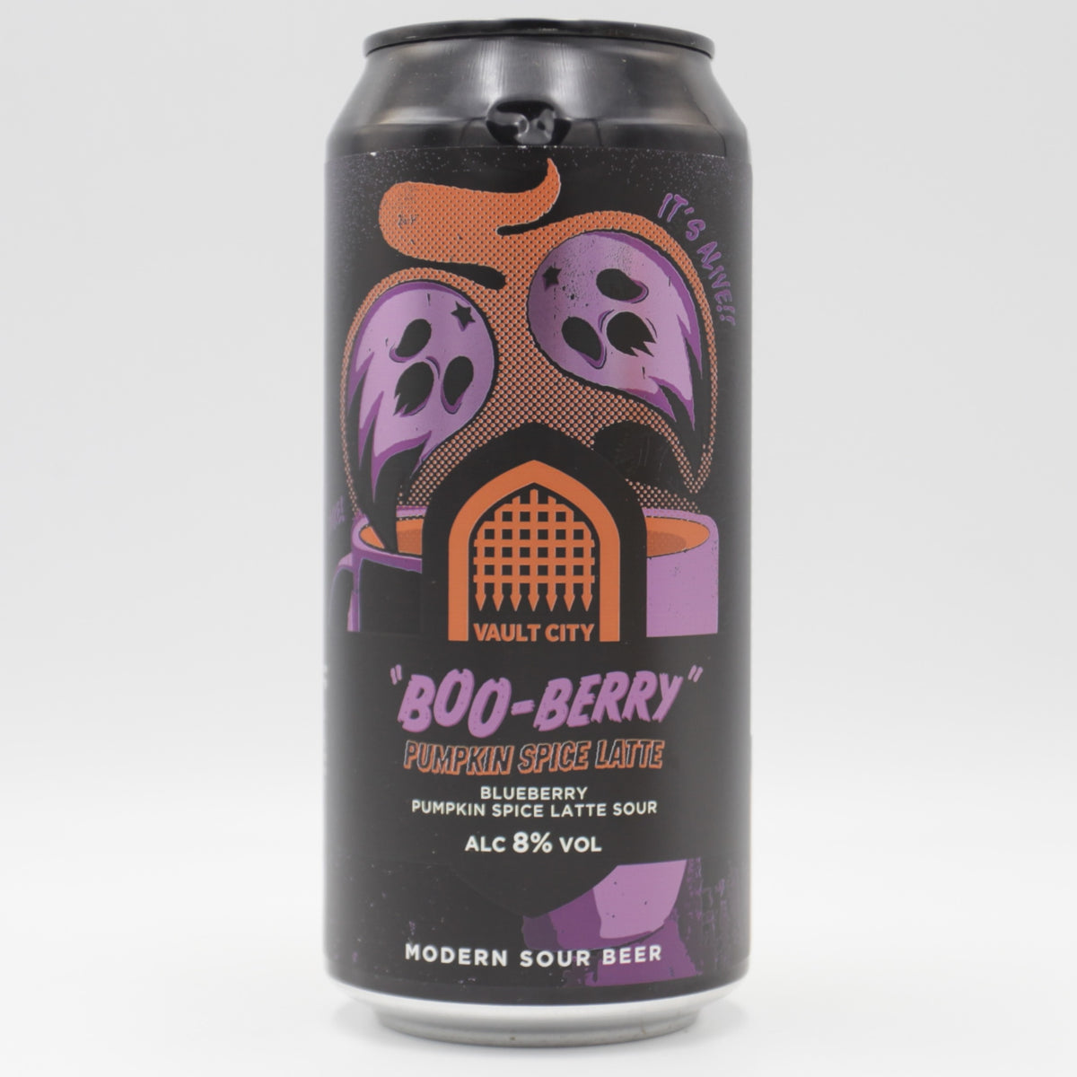 This is a can of Vault City - Boo-berry Pumpkin Spice Latte - 8% (440ml). It is a Sour craft beer available to buy from Ghost Whale, voted London's best craft beer shop.