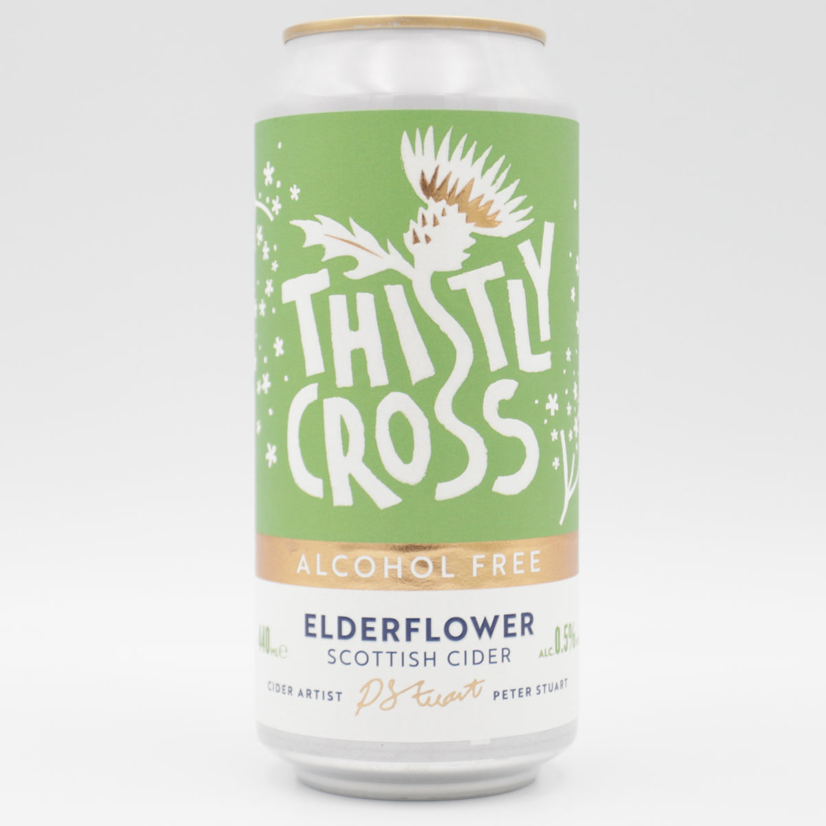 This is a can of Thistly Cross - Alcohol Free Elderflower Cider - 0.5% (440ml). It is a craft cider available to buy from Ghost Whale, voted London's best craft beer shop.