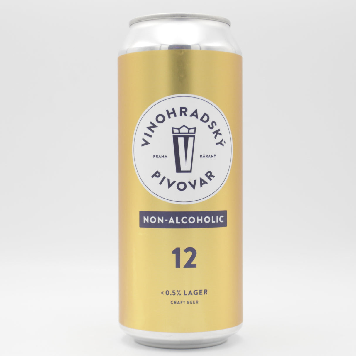 This is a can of Vinohradsky Pivovar - Vinohradská 12 Non-Alcoholic - 0.5% (500ml). It is a Lager / Pilsner / Kölsch craft beer available to buy from Ghost Whale, voted London's best craft beer shop.