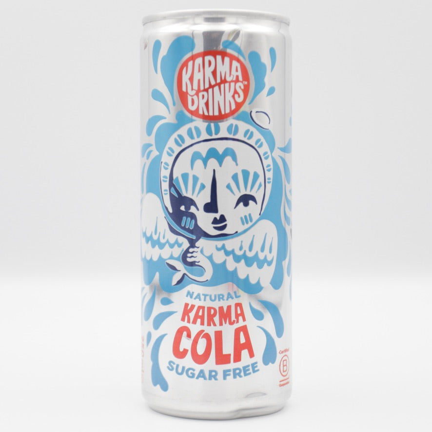 This is a can of Karma - Sugar Free Cola - 0% (250ml). It is a craft soft drink available to buy from Ghost Whale, voted London's best craft beer shop.