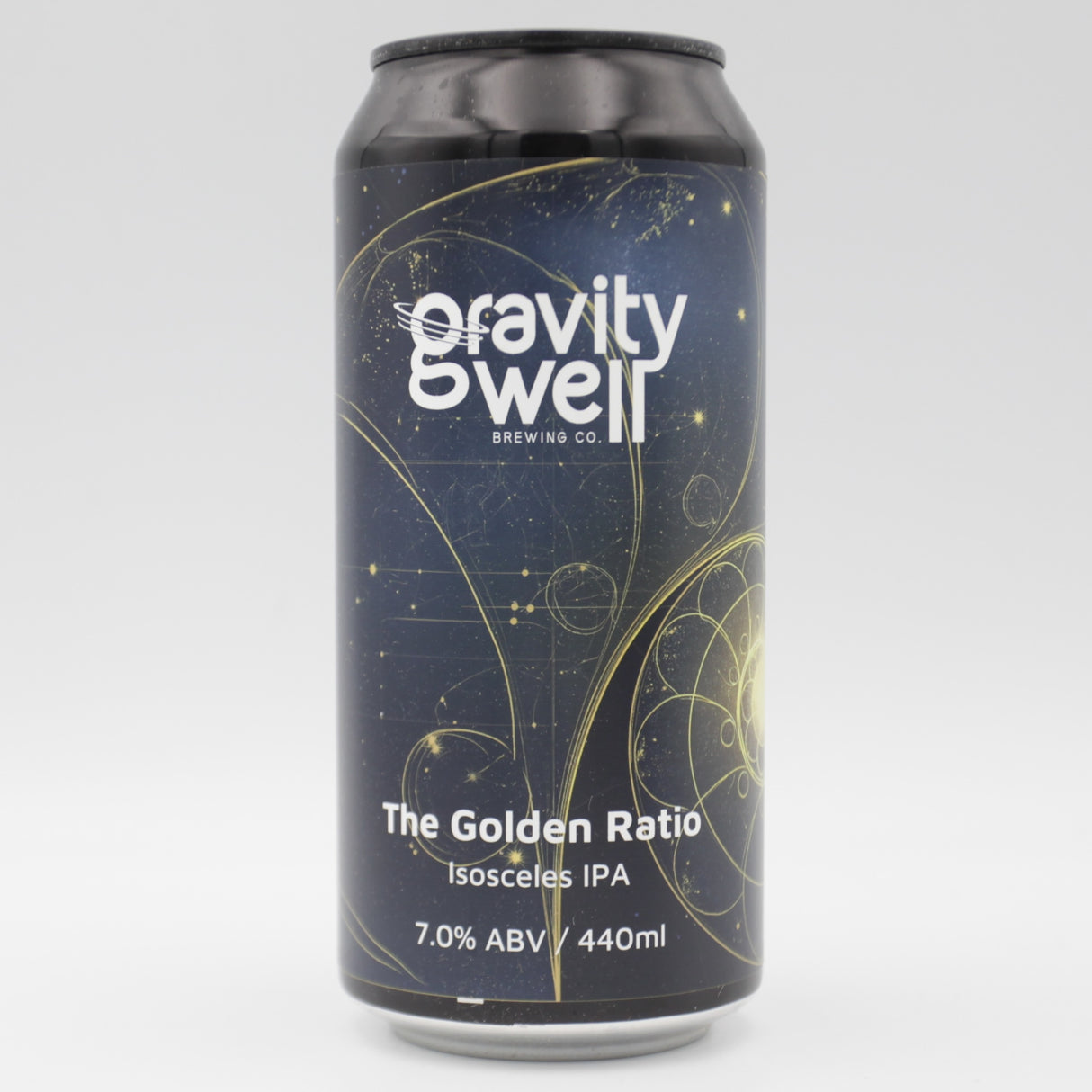 This is a can of Gravity Well - The Golden Ratio - 7% (440ml). It is a IPA craft beer available to buy from Ghost Whale, voted London's best craft beer shop.