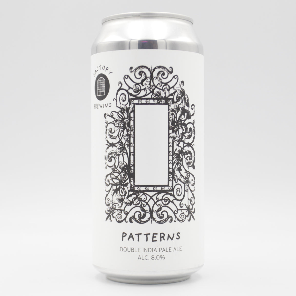 This is a can of Factory Brewing - Patterns - 8% (440ml). It is a Double IPA craft beer available to buy from Ghost Whale, voted London's best craft beer shop.