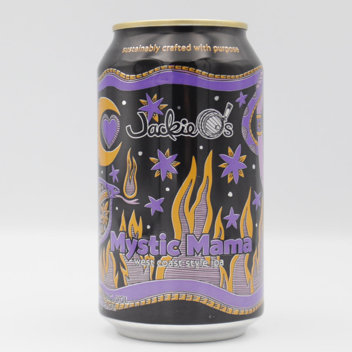 This is a can of Jackie O's - Mystic Mama - 7% (355ml). It is a IPA craft beer available to buy from Ghost Whale, voted London's best craft beer shop.