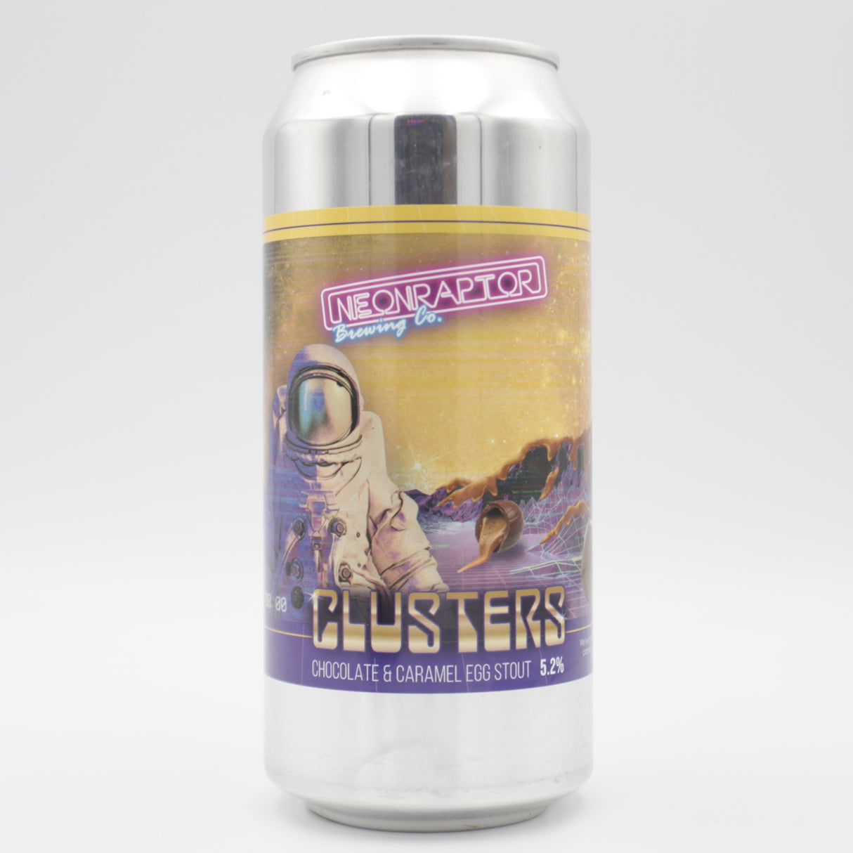 This is a can of Neon Raptor - Caramel Egg Clusters - 5.2% (440ml). It is a Stout / Porter craft beer available to buy from Ghost Whale, voted London's best craft beer shop.